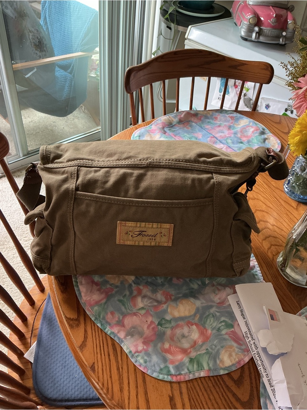 Fossil Olive Brown Canvas Messenger Bag with Leather Trim - Picture 2 of 5